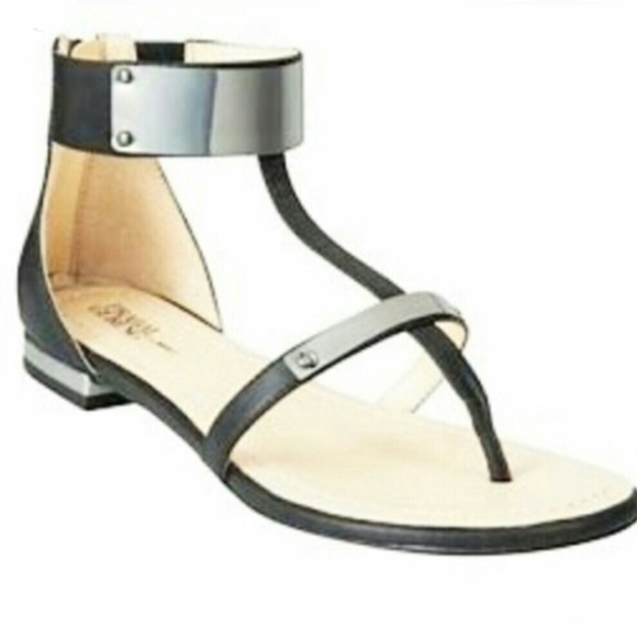 Prabal Gurung for Target Shoes - BLACK silver sandals flats metal t-strap Strappy